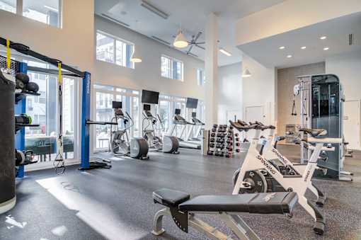 A gym with a variety of equipment including weights and cardio machines.