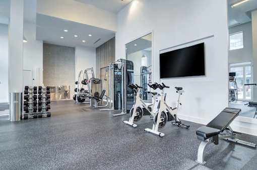 A spacious gym with a variety of equipment including treadmills, stationary bikes, and weight machines.
