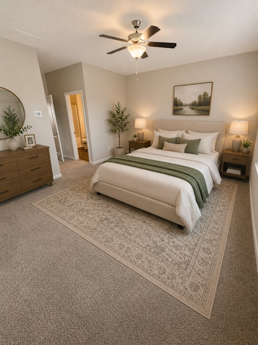 A bedroom with a large bed, a ceiling fan, and a painting on the wall.