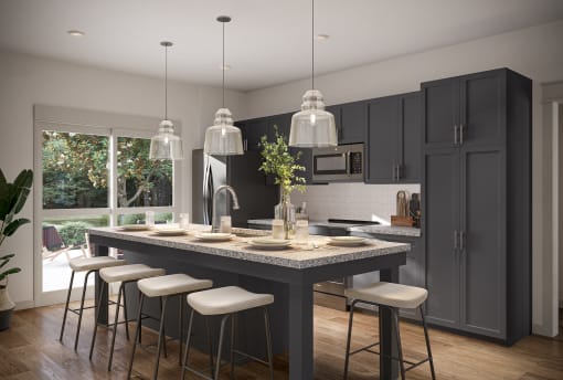 a rendering of a kitchen with an island and bar stools