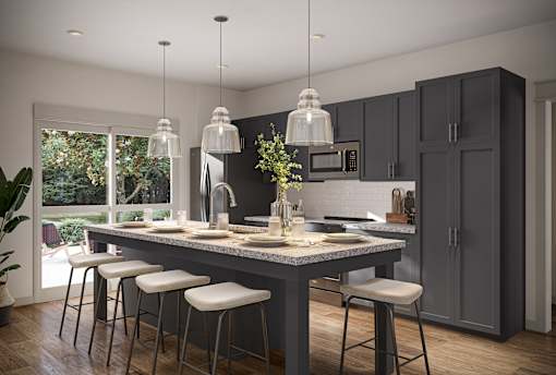 a rendering of a kitchen with an island and bar stools