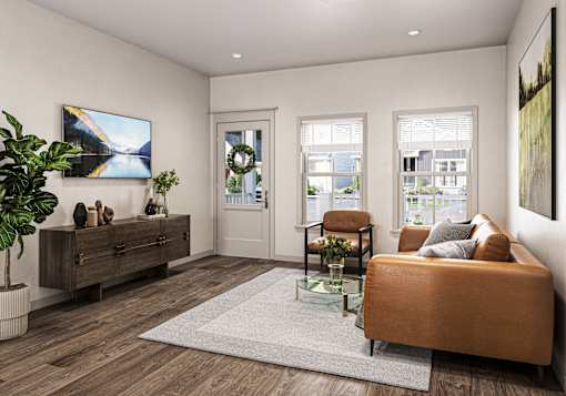 a living room with a couch and a table