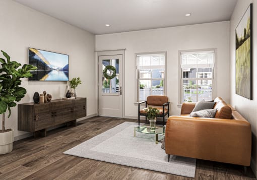 a living room with a couch and a table