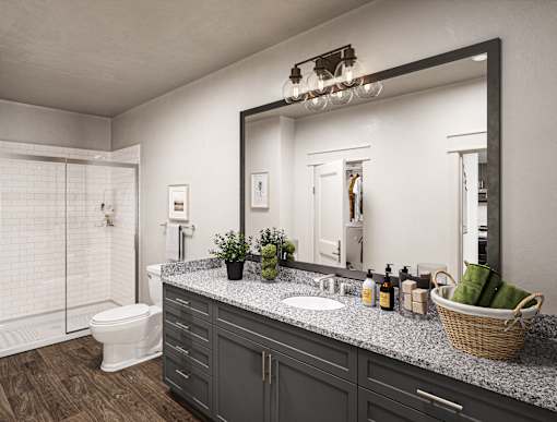 a bathroom with a large mirror and a sink