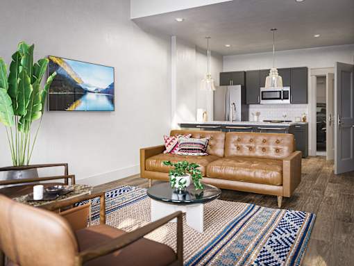 a living room with a couch and a table