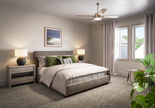 a bedroom with a bed and a ceiling fan