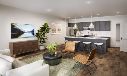 a living room and kitchen in a model home