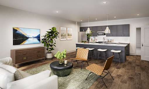 a living room and kitchen in a model home