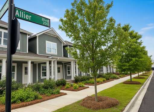 A street sign for Allier Blvd 200 is shown in front of a row of houses.