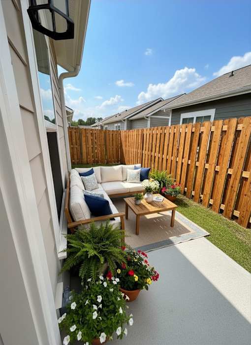 A patio with a white couch and a wooden fence.