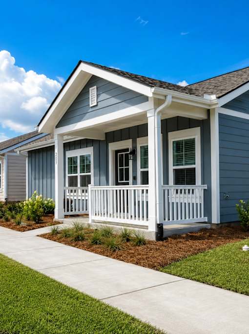 A small house with a porch and a white railing.