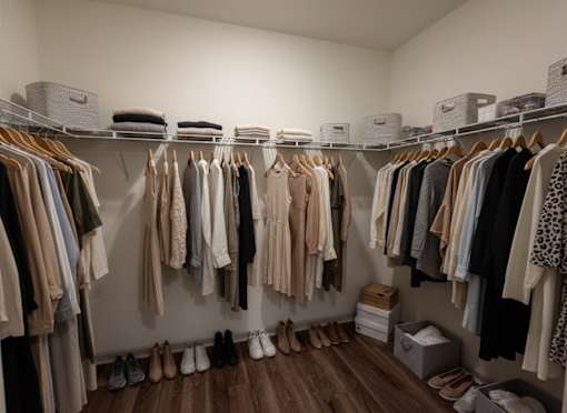 A closet full of clothes and shoes.