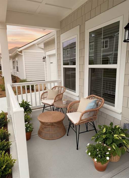 A patio with a table and chairs.