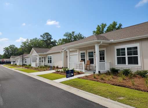 A row of houses with a clear blue sky above them.