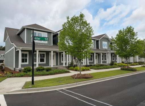 A street view of a residential area with houses and a street sign that reads