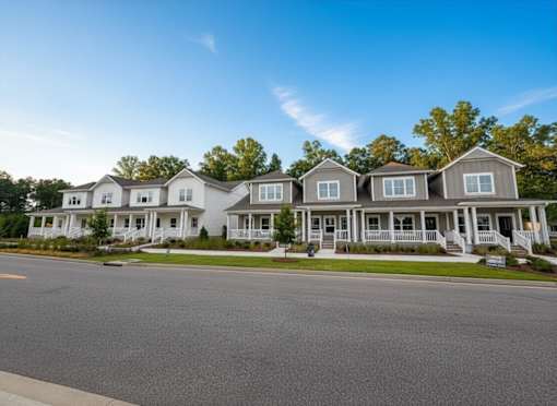 A row of houses with a clear blue sky above them.