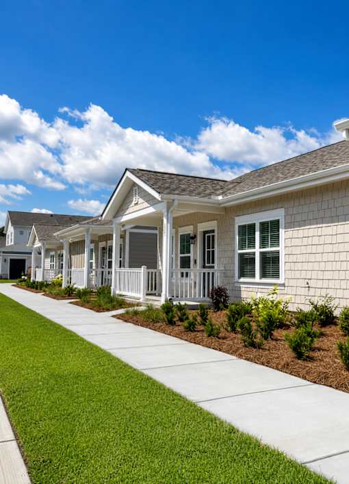 A row of houses with white fences and green lawns.