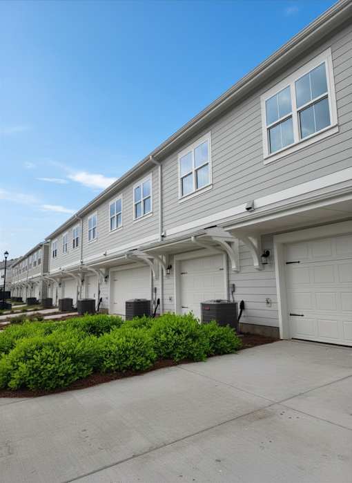 A row of houses with garages and bushes in front.