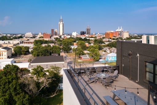 a view of the city from the rooftop terrace