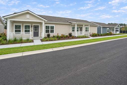 A row of houses with a paved road in front.