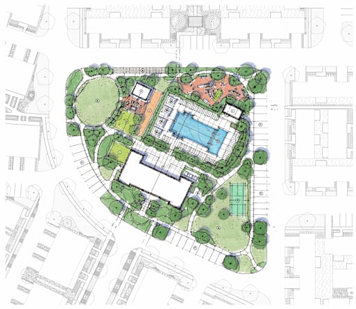 A landscape architectural plan with a swimming pool and a building.