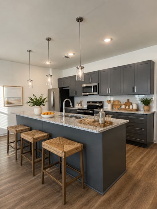 A kitchen with a bar stool and a countertop.