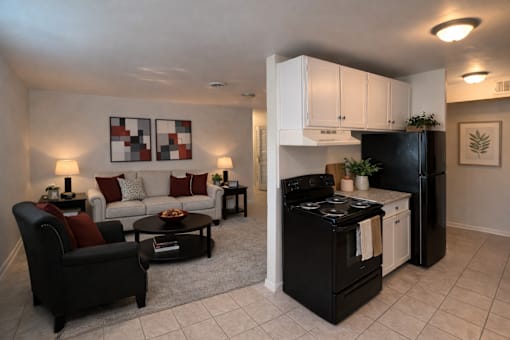 A black and white kitchen with a black refrigerator and stove.