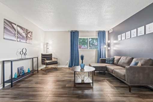 a living room with a couch and a coffee table