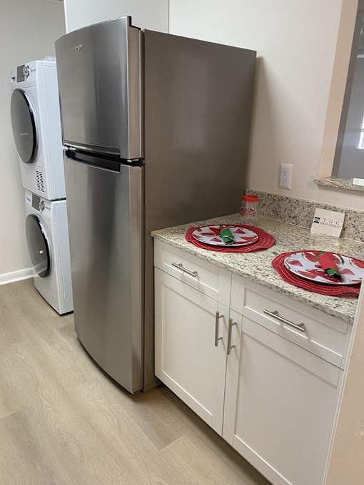 a kitchen with a counter and a refrigerator and a washing machine