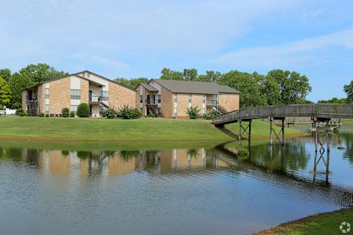 A serene lake with a bridge and houses in the background.