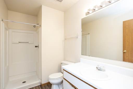 A white bathroom with a toilet, sink, and shower.