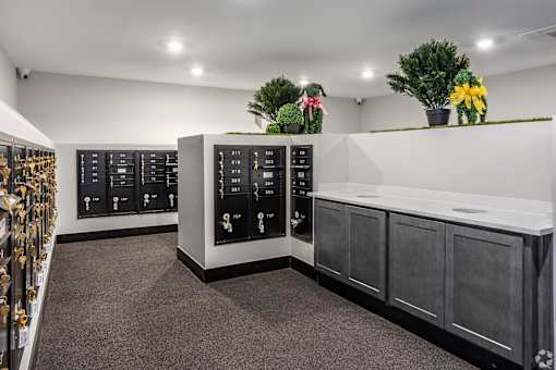 A room with a white ceiling and grey carpet, featuring a black and white cabinet with a digital display and a counter with a white surface.