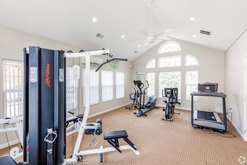 A spacious home gym with a variety of equipment including a treadmill, exercise bike, and weight machine.