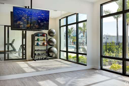 A room with a television, a chair, and a ball machine.at Imperial Crossing Luxury Apartment Homes, Bonita Springs