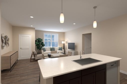 an open kitchen and living room with a white counter top at Tiffany Flats, Columbus, OH, 43231
