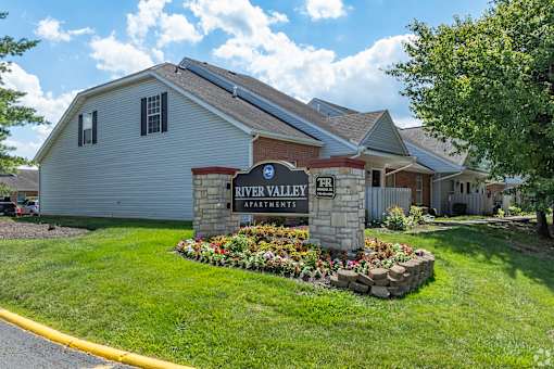 Front entrance sign for River Valley Apartments in Lancaster, OH.