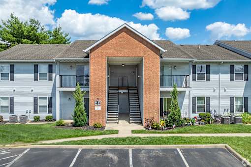 Entry-way and patio view of apartments at River Valley in Lancaster, OH.