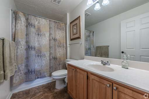 A bathroom with a toilet, sink, and shower curtain.