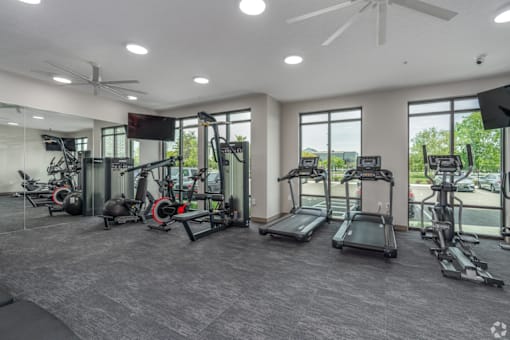 A spacious gym with a variety of equipment including treadmills, elliptical machines, and a fan.