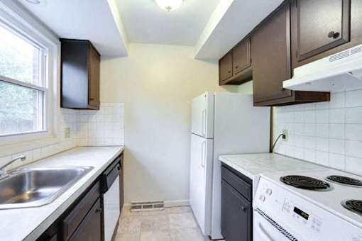 Sundridge Apartments – Kitchen - Dining – Efficient Appliances Included – Dishwasher - Electronic Thermostat – Storage - Electric Range - 24 Hour Emergency Maintenance – Basic FIOS Internet Included -
