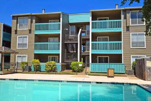 Pool with building behind it