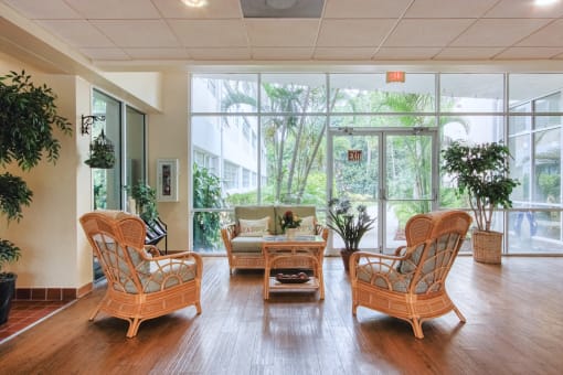 lobby with comfortable seating and large windows