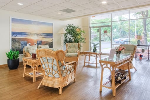 lobby with comfortable seating and large windows