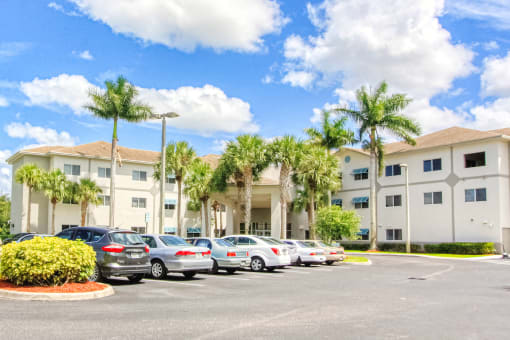 parking lot in front of Villa Regina Senior Apartments