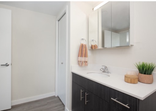 Bathroom with dark vanity and white countertops, vanity mirror, and overhead lighting at Arabella Apartment Homes, Shoreline, Washington