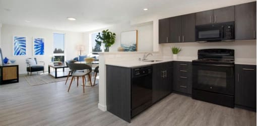 Kitchen Unit with dark cabinetry, efficient appliances, and plank flooring at Arabella Apartment Homes, Shoreline