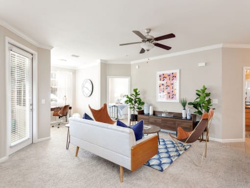 One Bedroom Apartments in Madison AL - Arch Street - Spacious Living Room with Plush Carpeting & Ceiling Fan