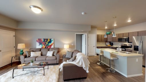 kitchen & living room at Upscale Living at the Grand off 45th, Fargo, ND