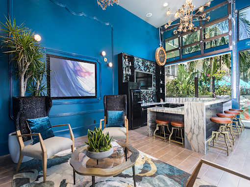 Clubroom with bar and lounge area at Vida North Park, California