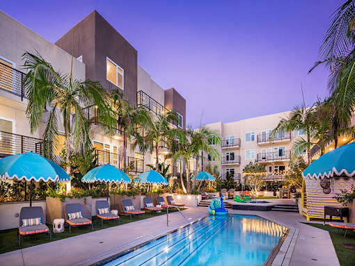 Outdoor lounge area and pool at Vida North Park, San Diego, CA, 92104